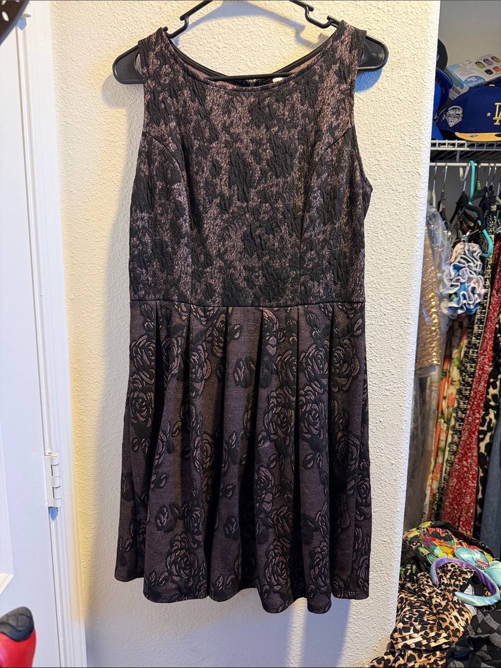 Sleeveless Floral black lace  over mauve pink pleated Dress
